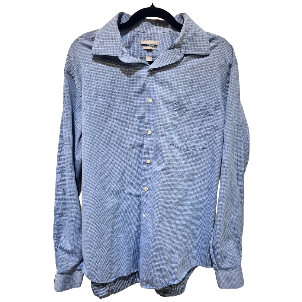 Van Heusen Fitted Blue Micro Check Button Down Shirt 16 1/2 34/35 Wrinkle Free